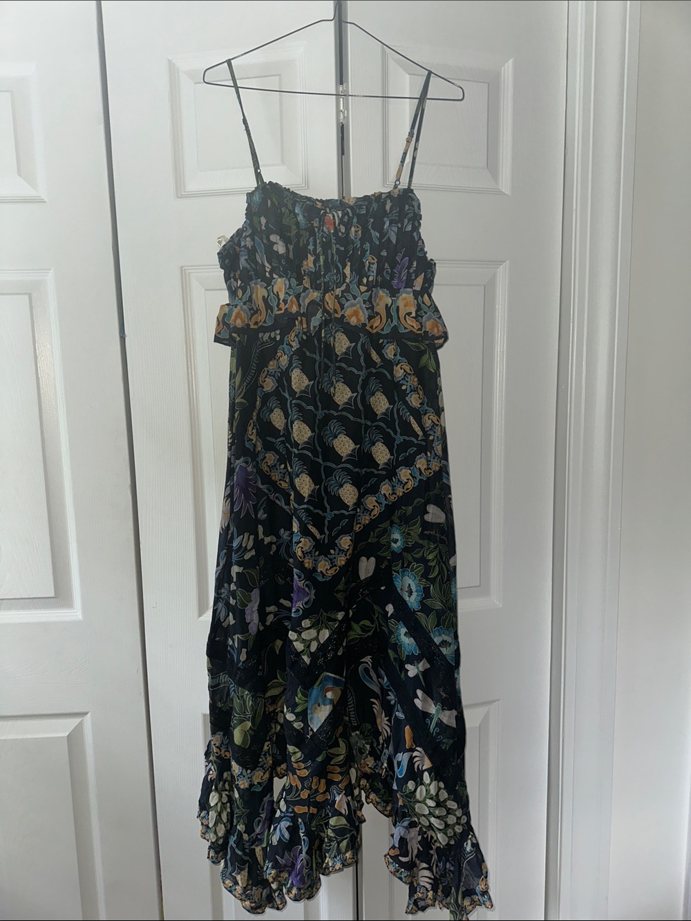 NWOT Farm Rio Winter Garden Smocked Floral Black Maxi Dress with Ruffle Hem
